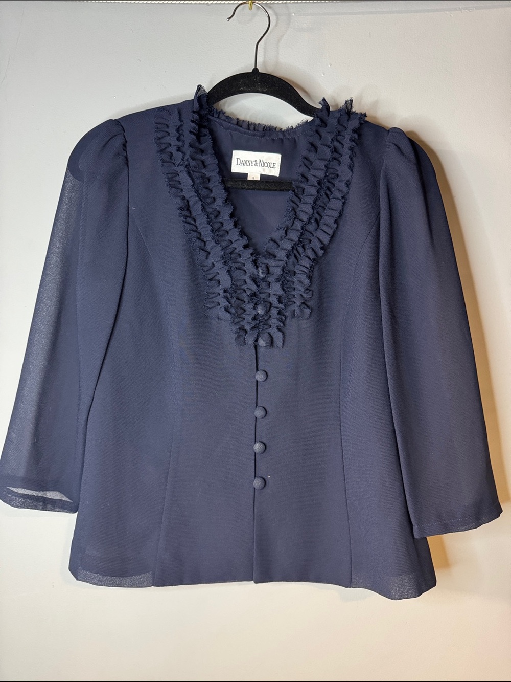 Danny & Nicole Navy Ruffle V-Neck Button Front Blouse